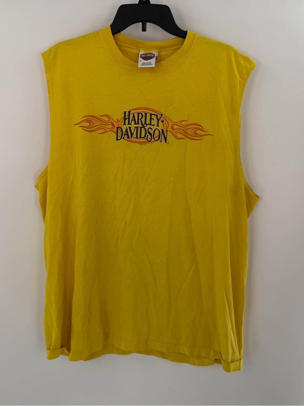 Harley-Davidson Yellow Muscle Tee with Orange Flame Logo
